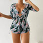 3pcs V-neck Swimsuit Suits Summer Leaf Print Waist-tie Bikini Fashion Long-sleeved Beach Sun-protection Clothing Womens - www.Shopthatapp.com
