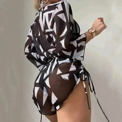 3pcs V-neck Swimsuit Suits Summer Leaf Print Waist-tie Bikini Fashion Long-sleeved Beach Sun-protection Clothing Womens - www.Shopthatapp.com