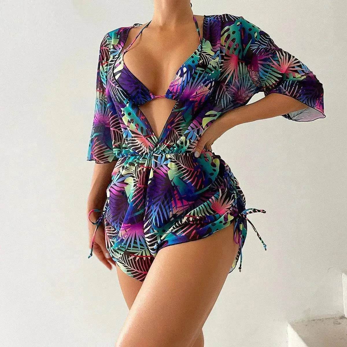 3pcs V-neck Swimsuit Suits Summer Leaf Print Waist-tie Bikini Fashion Long-sleeved Beach Sun-protection Clothing Womens - www.Shopthatapp.com