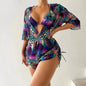 3pcs V-neck Swimsuit Suits Summer Leaf Print Waist-tie Bikini Fashion Long-sleeved Beach Sun-protection Clothing Womens - www.Shopthatapp.com