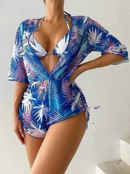 3pcs V-neck Swimsuit Suits Summer Leaf Print Waist-tie Bikini Fashion Long-sleeved Beach Sun-protection Clothing Womens - www.Shopthatapp.com