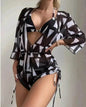 3pcs V-neck Swimsuit Suits Summer Leaf Print Waist-tie Bikini Fashion Long-sleeved Beach Sun-protection Clothing Womens - www.Shopthatapp.com