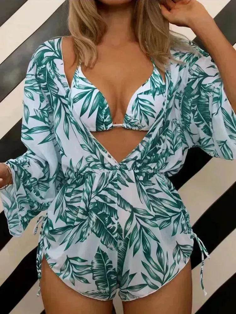 3pcs V-neck Swimsuit Suits Summer Leaf Print Waist-tie Bikini Fashion Long-sleeved Beach Sun-protection Clothing Womens - www.Shopthatapp.com