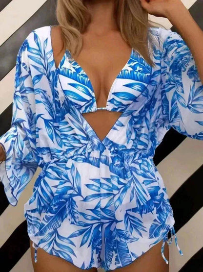 3pcs V-neck Swimsuit Suits Summer Leaf Print Waist-tie Bikini Fashion Long-sleeved Beach Sun-protection Clothing Womens - www.Shopthatapp.com