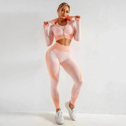 Women 3PCS Gym Set Seamless Sport Yoga Set Leggings Crop Bra Top  Fitness Gym Set Outfit - www.Shopthatapp.com