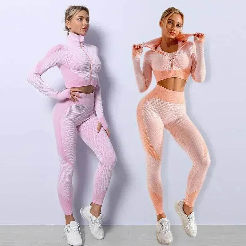 Women 3PCS Gym Set Seamless Sport Yoga Set Leggings Crop Bra Top  Fitness Gym Set Outfit - www.Shopthatapp.com