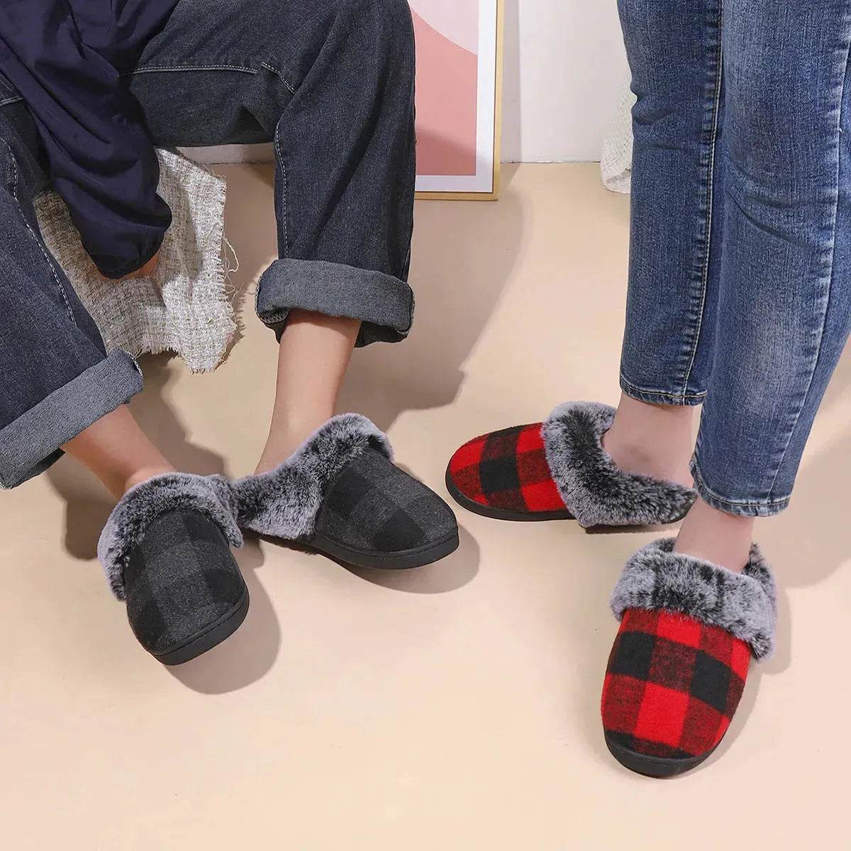 Winter Warm Plaid Plush Slippers Home Indoor Non-slip Bedroom Floor Soft Fuzzy Slipper For Couple Fashion Solid House Shoes - www.Shopthatapp.com