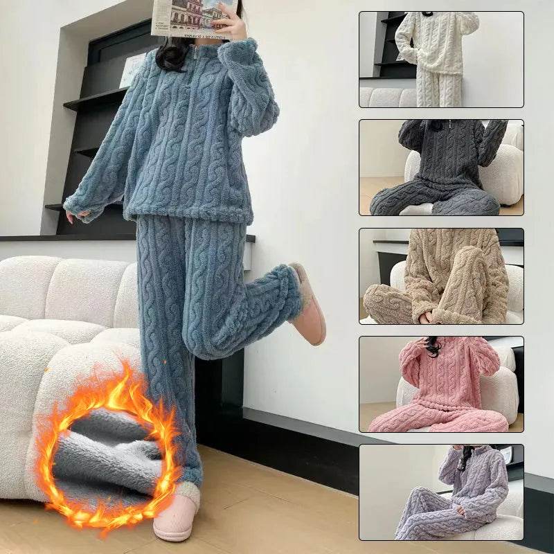 Autumn And Winter New Twist Zipper Couple Fleece-lined Thick Coral Fleece Pajamas Homewear Loungewear Sleepwear For Sleeping - www.Shopthatapp.com