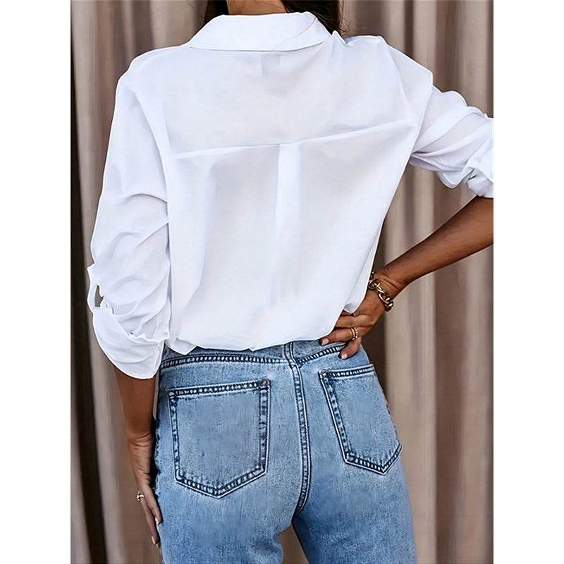 Women's Casual Long Sleeve Button-Down Shirt With Roll-Up Sleeves, Stylish Mid-Length Blouse For Everyday Wear - www.Shopthatapp.com