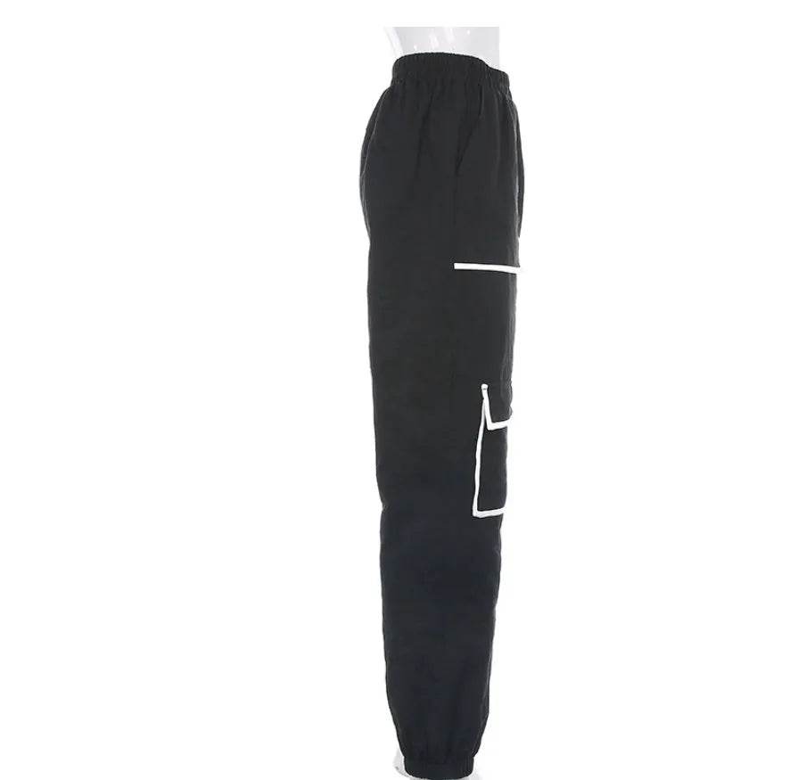 White Stripe Cargo Pants Women Trousers Pockets Patchwork Contrast Color High Waist Pants Hip Hop Capris - www.Shopthatapp.com