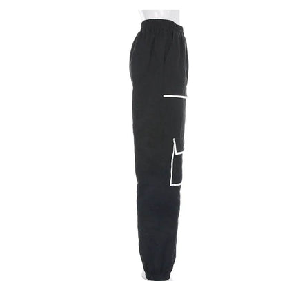White Stripe Cargo Pants Women Trousers Pockets Patchwork Contrast Color High Waist Pants Hip Hop Capris - www.Shopthatapp.com