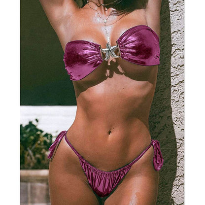 Tube Top Split Bikini Blue Glossy Gold Starfish Female - www.Shopthatapp.com