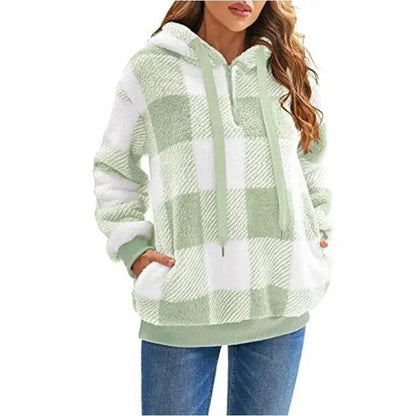 Casual Thick Fleece Plush half zip Plaid Hoodie Pullover top for women - www.Shopthatapp.com