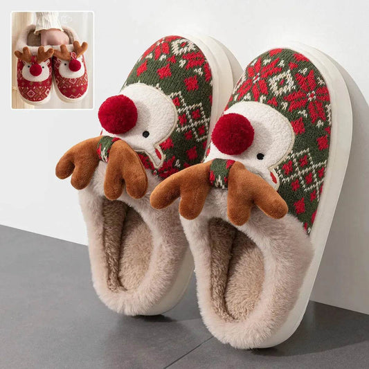 Cute Christmas Elk Plush Slippers Winter Ins Fashion Non-slip Floor Bedroom Home Slippers For Women Fuzzy House Shoes - www.Shopthatapp.com
