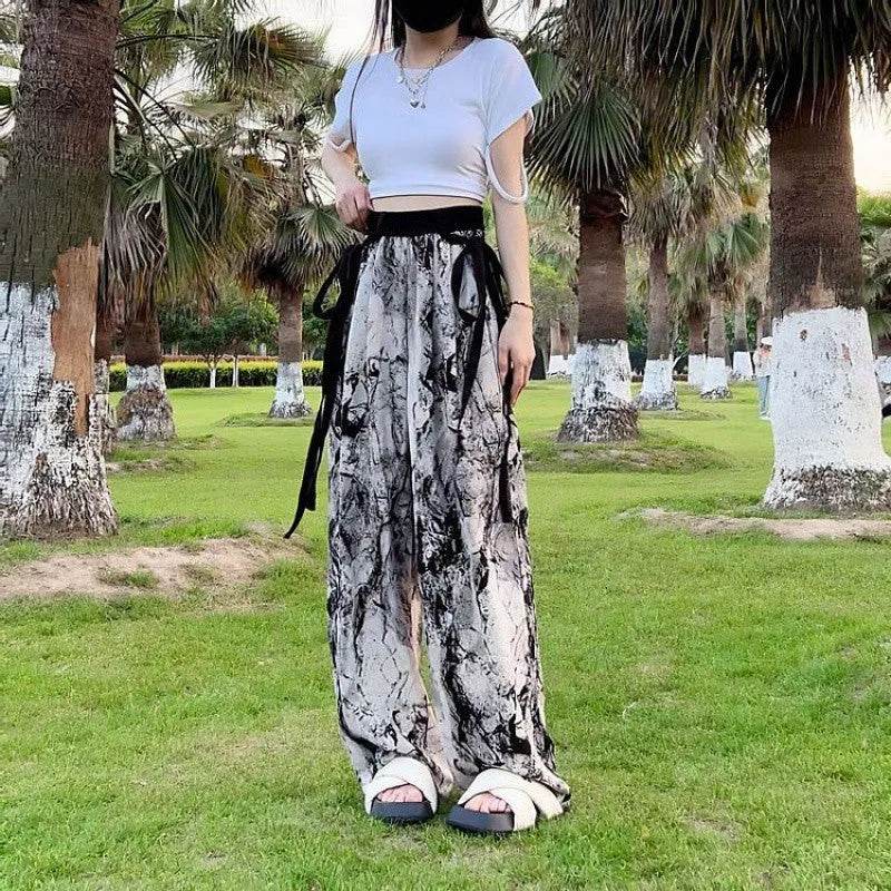 New Painting Ice Silk Wide-leg Baggy Trouser Pants Summer Women - www.Shopthatapp.com