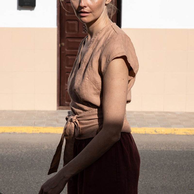 Casual Summer Lace-up Cotton Linen V-neck Top Short-sleeved blouse top women