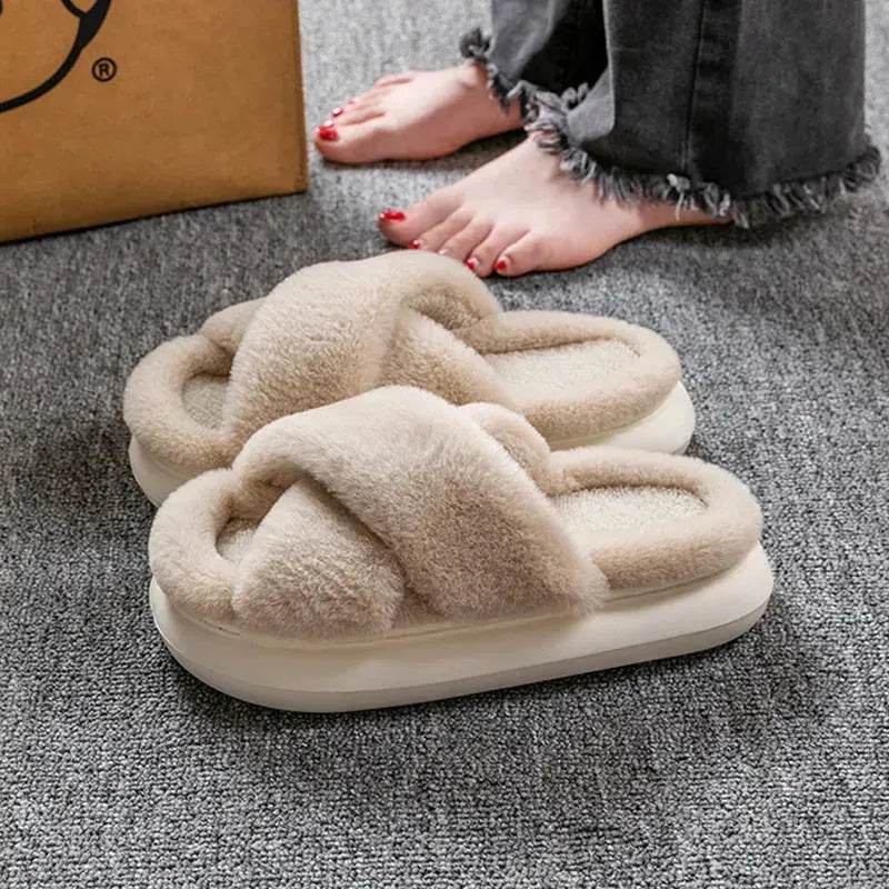 Women's Platform Fuzzy Home Slippers Winter Open Toe Criss-cross Solid Color Casual Floor Slides Indoor Flat Comfy House Shoes - www.Shopthatapp.com