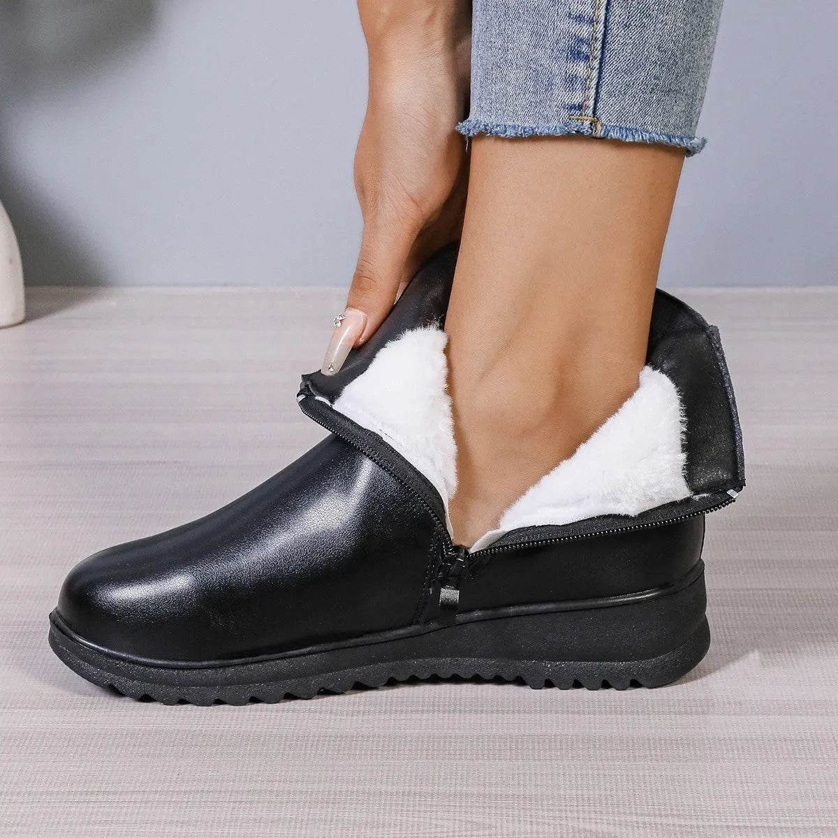 Winter Fleece Boots With Side Zipper Design Fashion Simple Non-slip Ankle Boots For Women Warm Pu Leather Shoes - www.Shopthatapp.com