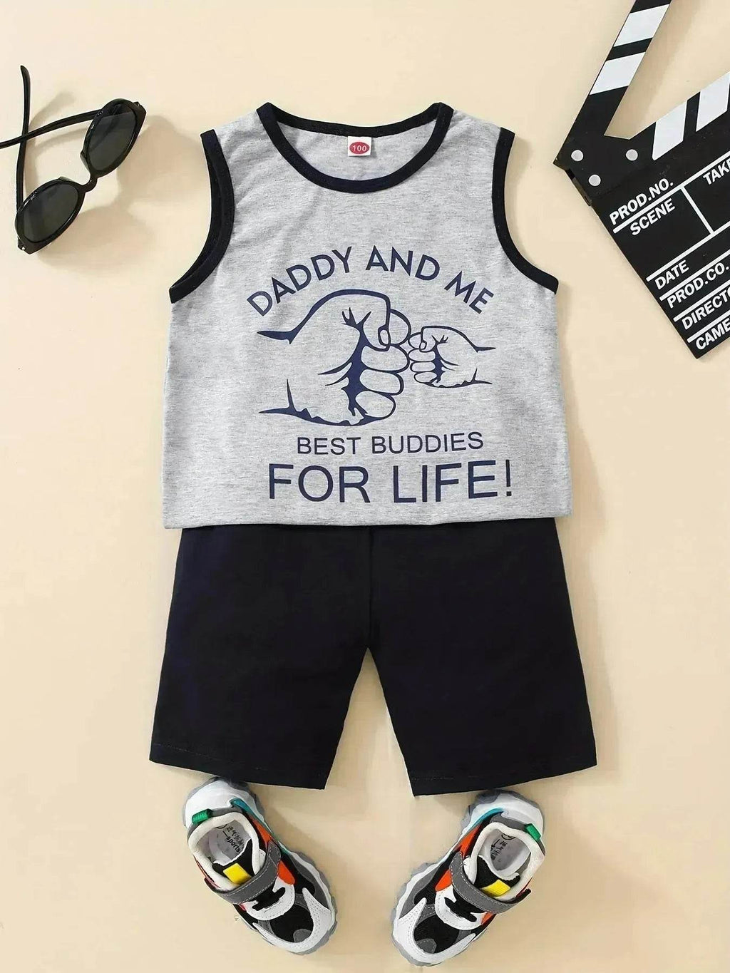 Summer Trendy Boys Letter Fist Print Sleeveless Casual Pants Suit Sleeveless two piece for boys Daddy and me outfit - www.Shopthatapp.com