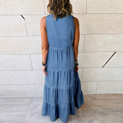 Women's Sleeveless Denim Fashion Retro High Waist Layered Dress - www.Shopthatapp.com