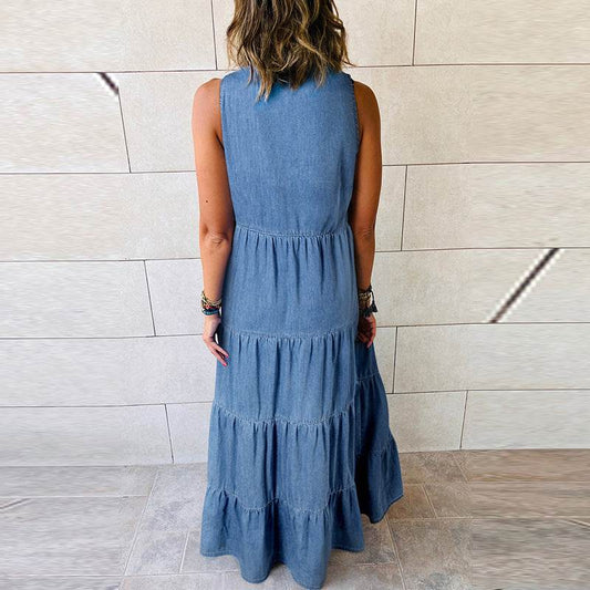 Women's Sleeveless Denim Fashion Retro High Waist Layered Dress - www.Shopthatapp.com