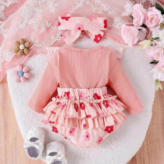 One-piece Romper Pants Bow Headdress Suit Baby girl casual pink romper with head bowtie - www.Shopthatapp.com