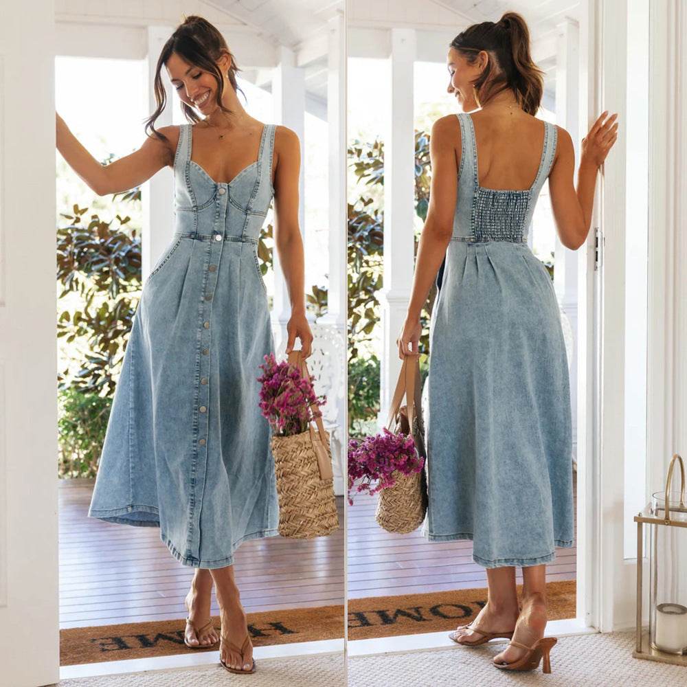 Women's sleeveless Denim Buckle Strap Midi maxi Dress - www.Shopthatapp.com