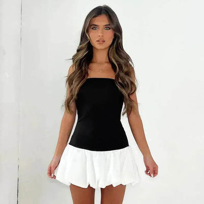 Chic Tube Top Dress Summer Solid Color Pleated Skirt Dress Women Fashion Short Mini Skater Dresses  Evening Party Cocktail Dress for Ladies - www.Shopthatapp.com