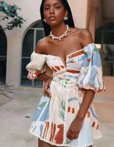 Women's Flower Print Lace Sling Dress Fashion V-neck Waist-baring Skirt Summer Clothing - www.Shopthatapp.com