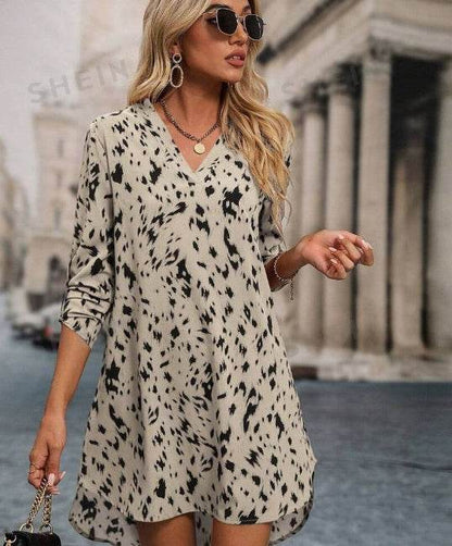 Allover Print Roll Up Sleeve Dress Ladies Casual High Low Long Sleeve V Neck Regular Fit Short Apricot Roll Up Sleeve All Over Print Tunic Women Short Dresses - www.Shopthatapp.com