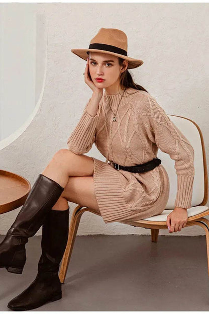 Autumn Winter Round Neck Mini Knitted Wool Sweater Dress - www.Shopthatapp.com