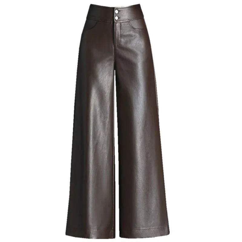 High Waist Thick Loose Big Leg Straight All-matching Wide Leg Leather trouser Pants For Women - www.Shopthatapp.com