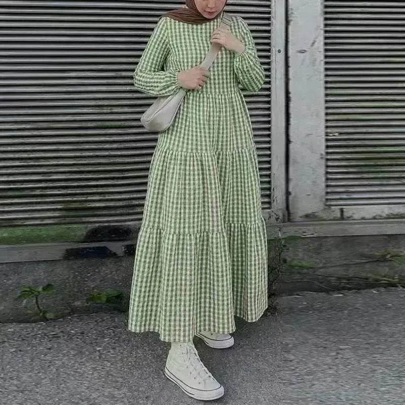 Middle East Plaid Long Sleeve Elastic Sleeve Round Neck Loose Waist Casual Dress Checked Casual dress for Arabfor Women - www.Shopthatapp.com