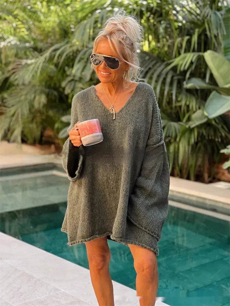 Women's Fashion V-neck Long-sleeve Knitwear 2-color Sweater dress - www.Shopthatapp.com