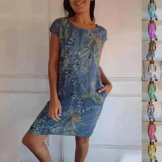 Casual Floral Printed Straight Dress Summer Loose Round Neck Short Sleeve Midi Dresses Womens Clothing - www.Shopthatapp.com
