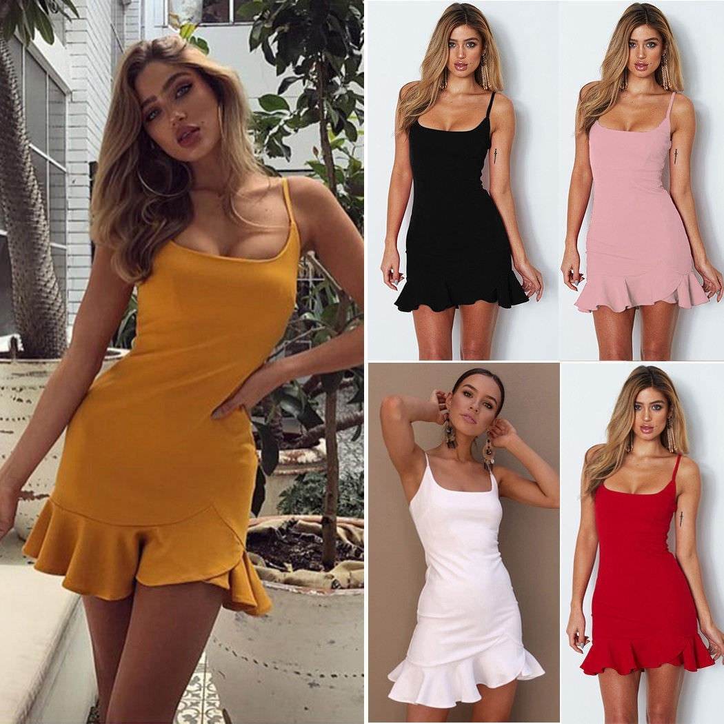New Ruffles Trumpet Dress Women Sleeveless Spaghetti Strap Slim Summer Dress Party Short Dresses Vestidos - www.Shopthatapp.com