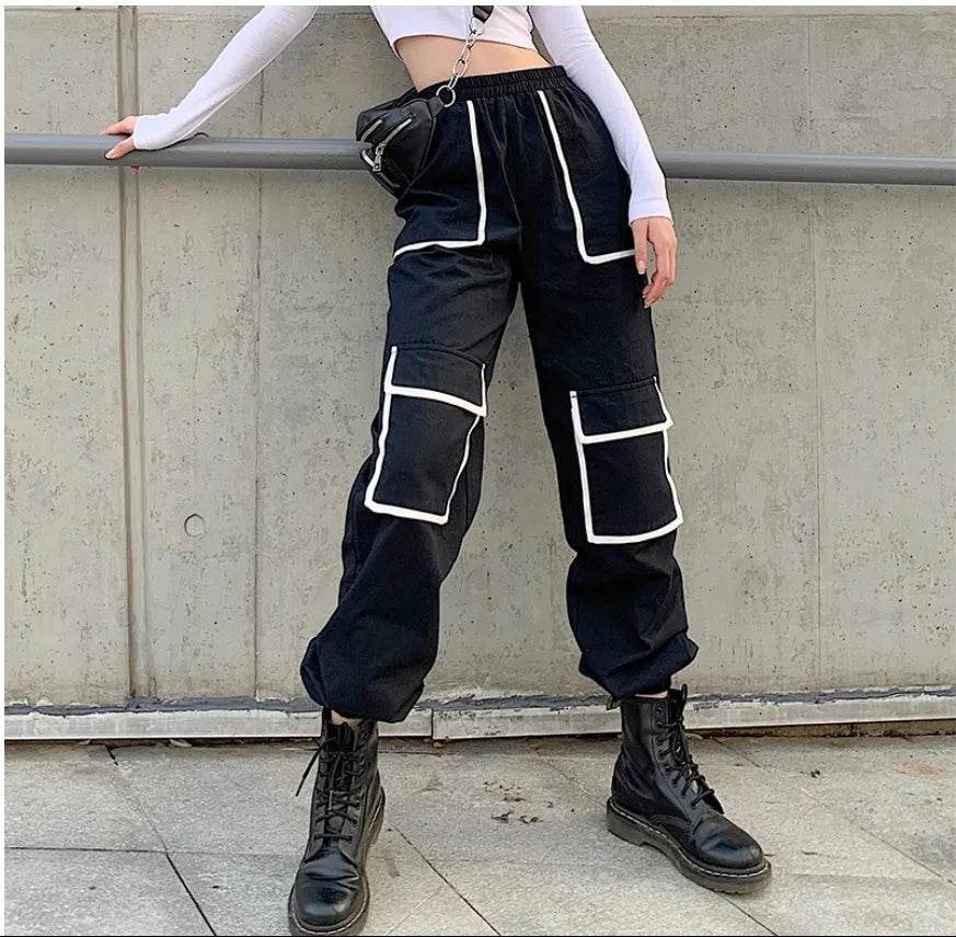White Stripe Cargo Pants Women Trousers Pockets Patchwork Contrast Color High Waist Pants Hip Hop Capris - www.Shopthatapp.com