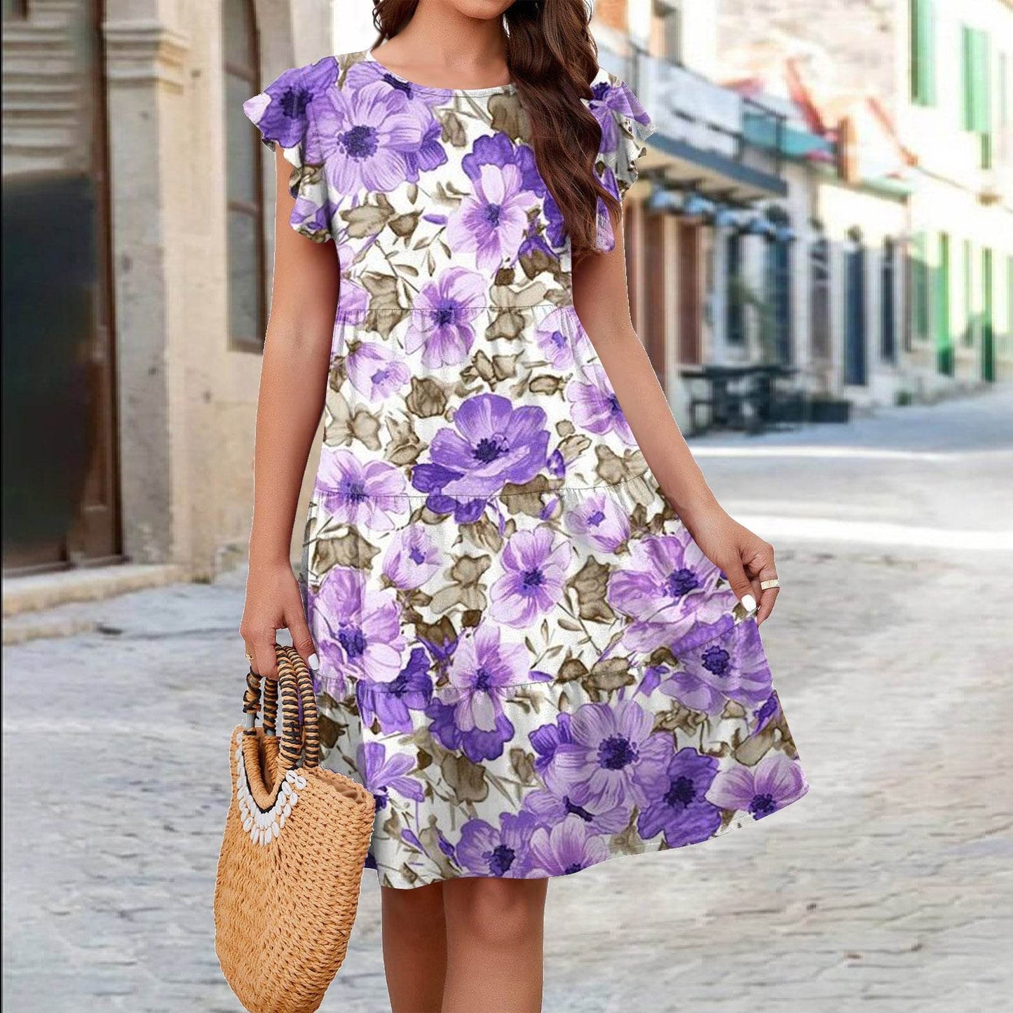 Ruffle Sleeve Dress Summer Loose Flower Print Beach Dresses Sweet Skirt Women - www.Shopthatapp.com