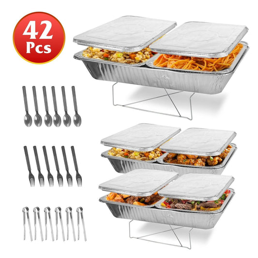 42Pcs Serve 6 Guests Disposable Chafing Dish Buffet Set Chafing Servers With Covers Spoons Forks Tongs Full-Size Pans Food Warmers For Parties Events Catering Supplies With Utensils And Lids - www.Shopthatapp.com