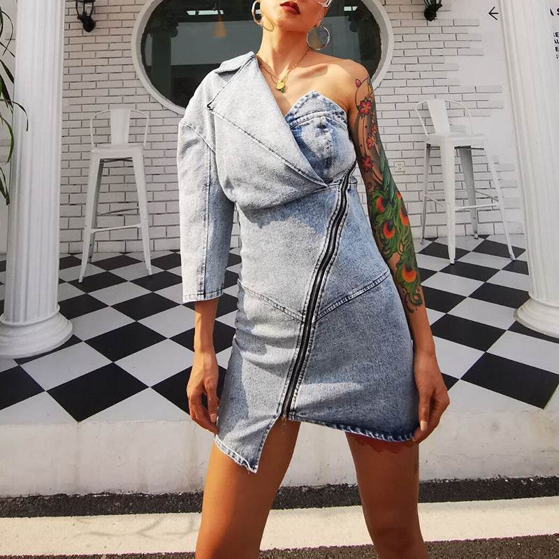 Street Fashion One shoulder Denim Mini Jeans hip dress - www.Shopthatapp.com