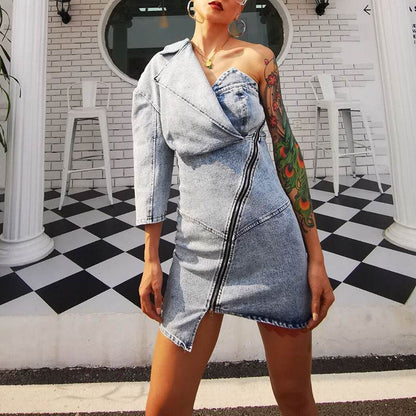 Street Fashion One shoulder Denim Mini Jeans hip dress - www.Shopthatapp.com