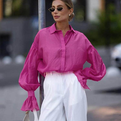 Loose Lapel Lantern Long Sleeves Blouse Shirt For Women - www.Shopthatapp.com