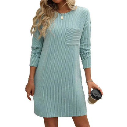 Casual New Solid Color Striped With Pockets Long Sleeve Loose Mini Dress Fashion Round Neck Straight Dress Women's Clothing - www.Shopthatapp.com