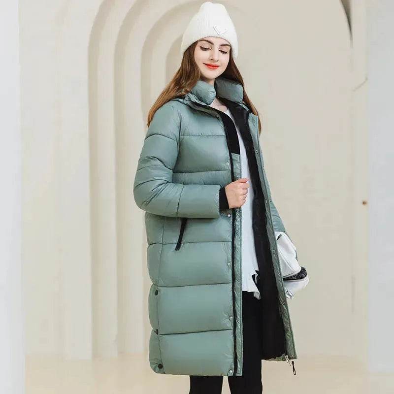 Winter Warm Hooded Coat With Pockets Fashion Simple Long Cotton Jacket Solid Color Outwear Women's Clothing - www.Shopthatapp.com