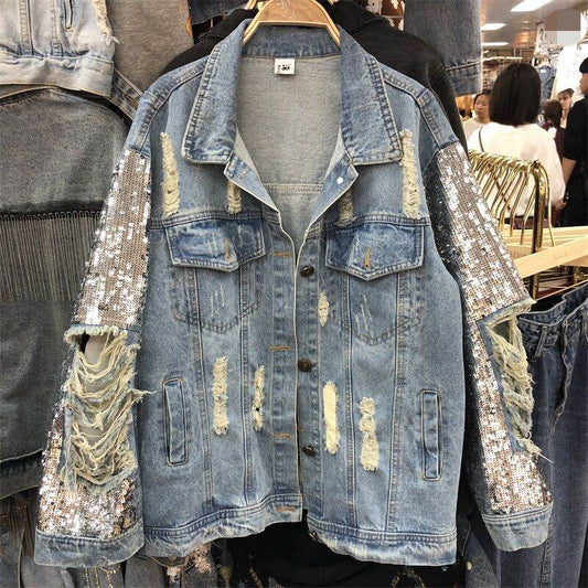 Street Fashion Heavy Industry lose Ripped Sequined Sleeve Denim Jacket Women - www.Shopthatapp.com
