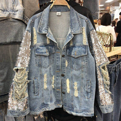 Street Fashion Heavy Industry lose Ripped Sequined Sleeve Denim Jacket Women - www.Shopthatapp.com