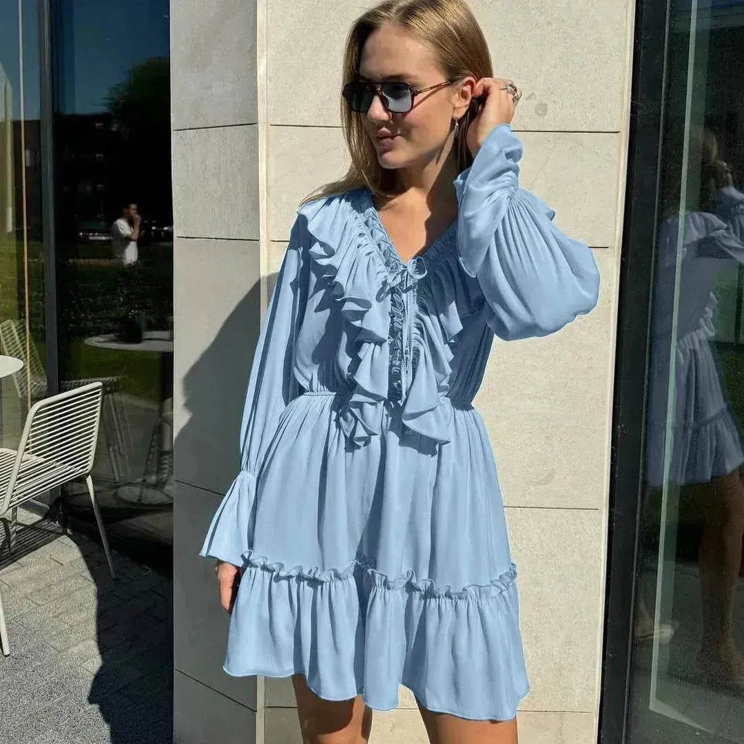 Casual Fashion V Neck Pleated Ruffle Long Sleeve Dress Y2K V Neck Flared Sleeve Short Mini Skater Dress Women's Clothing - www.Shopthatapp.com