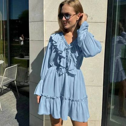 Casual Fashion V Neck Pleated Ruffle Long Sleeve Dress Y2K V Neck Flared Sleeve Short Mini Skater Dress Women's Clothing - www.Shopthatapp.com