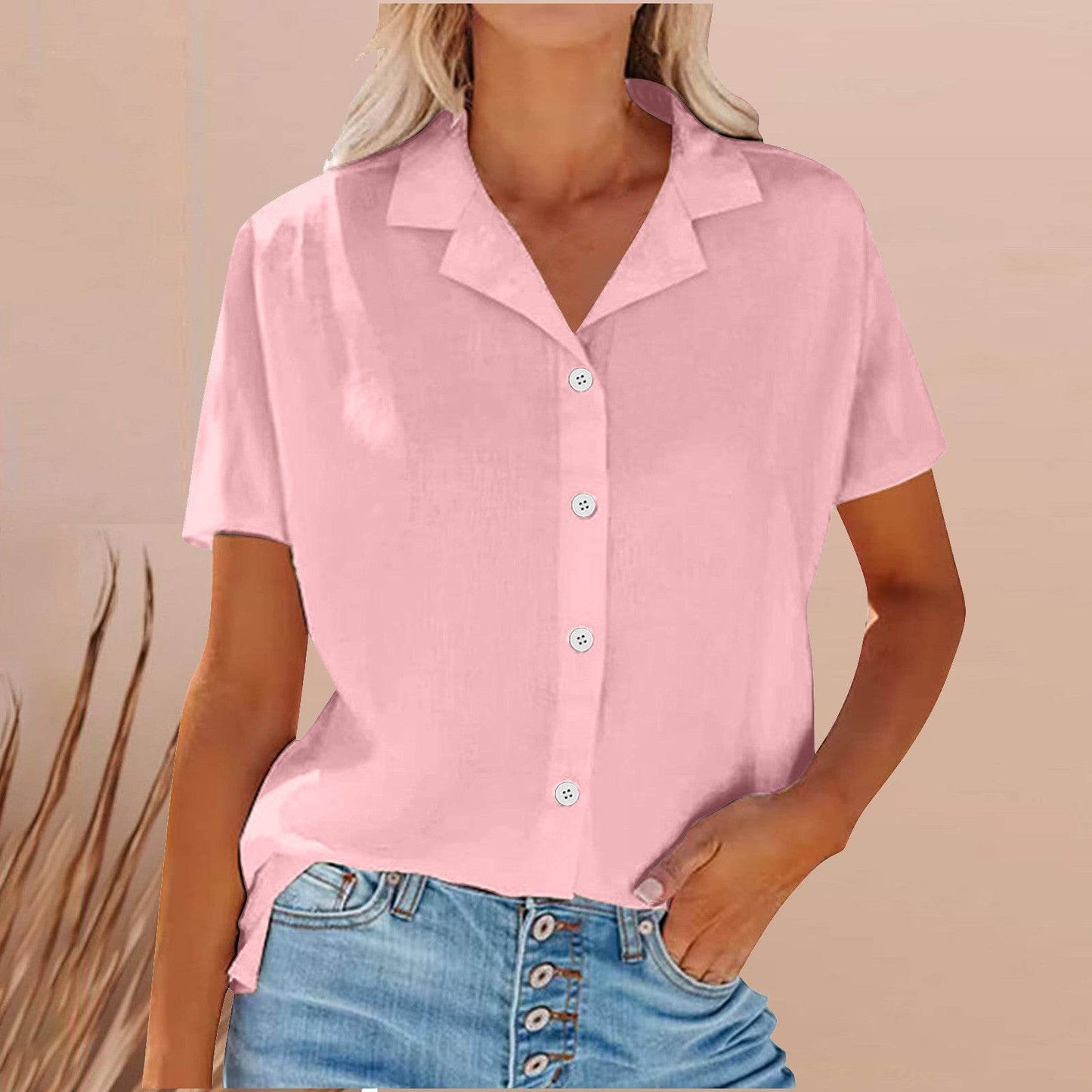 Spring Summer Lapel Cotton And Linen Casual short sleeve Shirt For Women - www.Shopthatapp.com