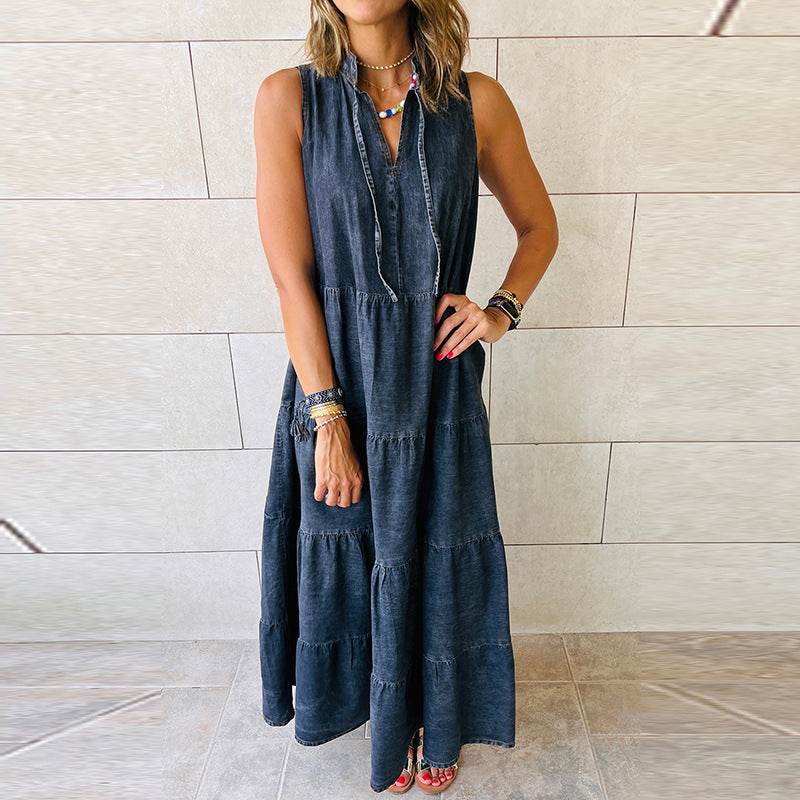 Women's Sleeveless Denim Fashion Retro High Waist Layered Dress - www.Shopthatapp.com